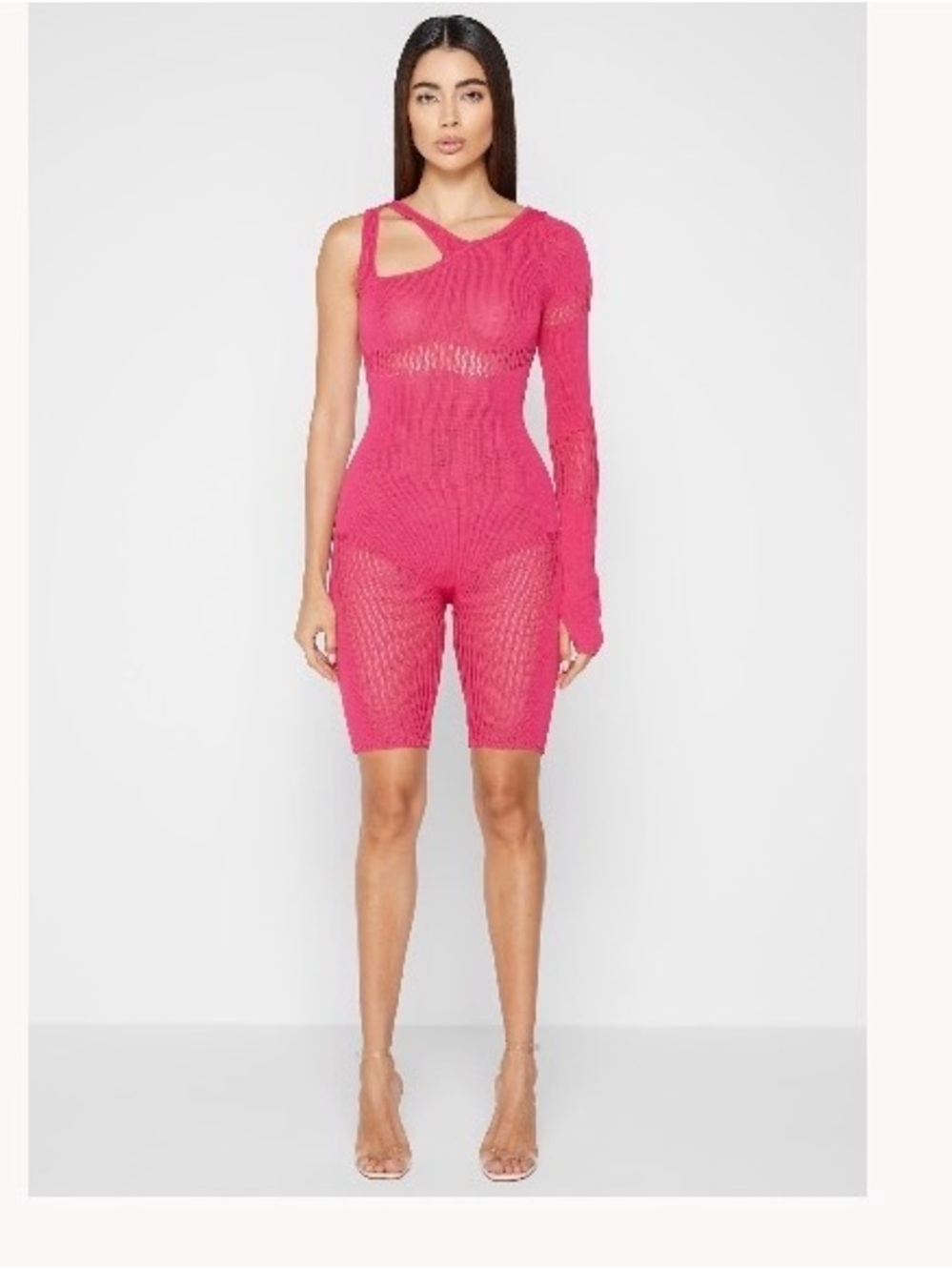 Maniere De Voir Hot Pink One-Shoulder Knit Romper